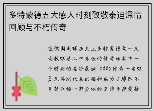 多特蒙德五大感人时刻致敬泰迪深情回顾与不朽传奇