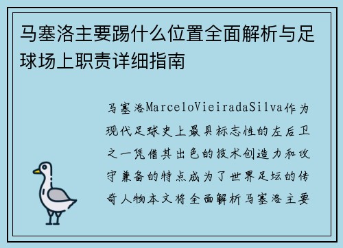 马塞洛主要踢什么位置全面解析与足球场上职责详细指南