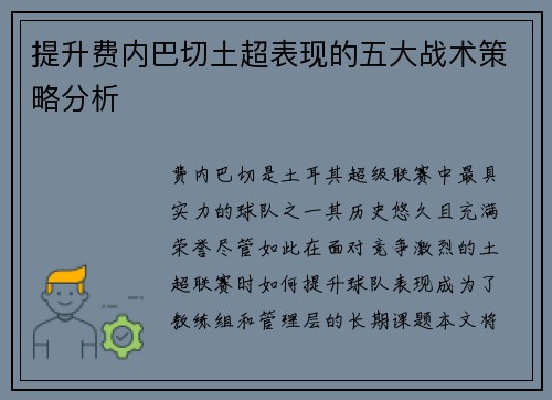 提升费内巴切土超表现的五大战术策略分析