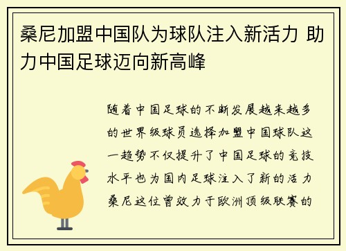 桑尼加盟中国队为球队注入新活力 助力中国足球迈向新高峰